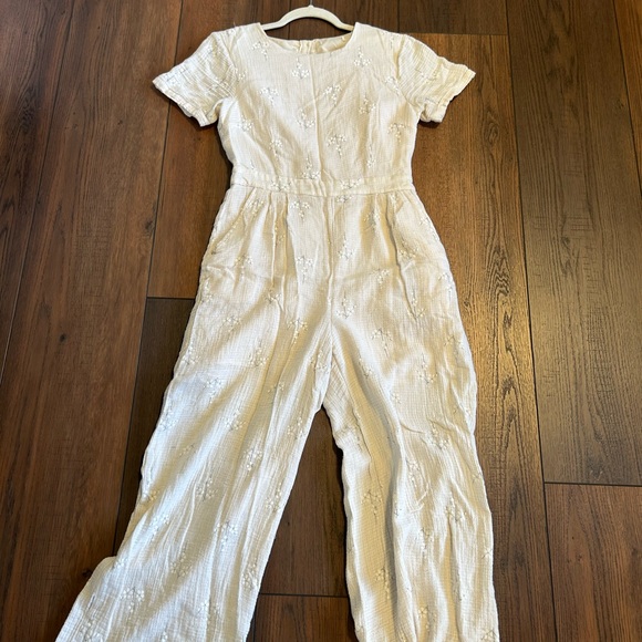 Beige Embroidered Wide Leg Jumpsuit, Cottagecore Boho Floral Romper - Picture 6 of 13